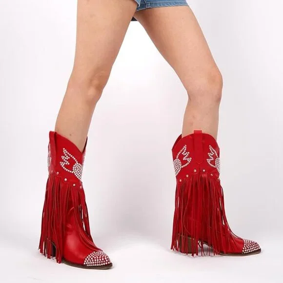 Cowboy Boots for Women Red Cowgirl Boots with Fringe Rhinestone Hearts - Picture 3 of 5